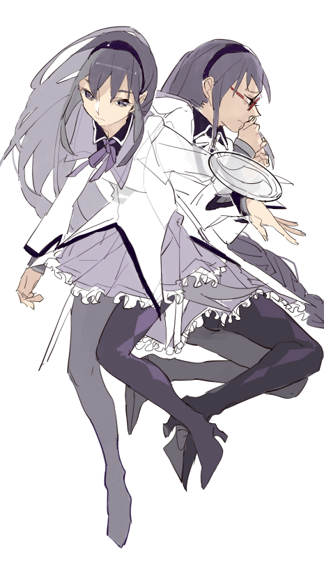 2girls, akemi_homura, akemi_homura_(magical_girl), black_hair, black_pantyhose, commentary, english_commentary, frilled_skirt