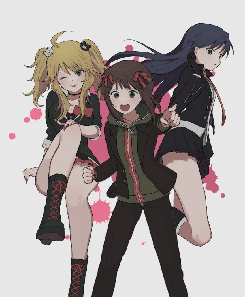 3girls, 8_8ghost, ;p, ahoge, amami_haruka, bear_hair_ornament, black_boots, black_gloves