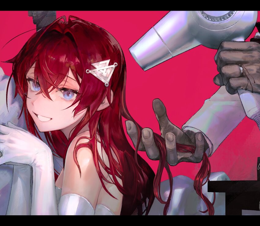 1boy, 1girl, ange_katrina, armpit_crease, bare_shoulders, blue_eyes, commentary_request, crossed_bangs