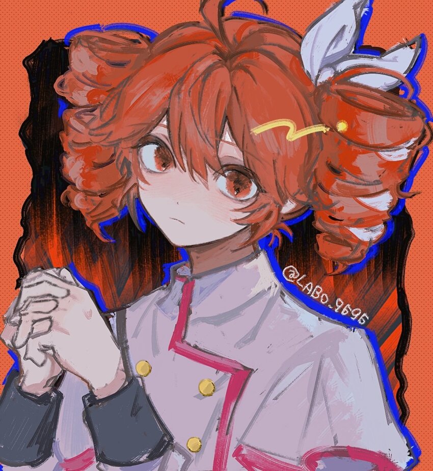 1girl, ahoge, belt, black_belt, bow, buttons, closed_mouth, double-breasted, drill_hair, expressionless, grey_jacket, hair_between_eyes, hair_bow, hair_ribbon, hands_up, highres, interlocked_fingers, jacket, kasane_teto, kasane_teto_(sv), labo_9696, layered_sleeves, orange_background, own_hands_together, red_eyes, red_hair, red_trim, ribbon, shoulder_belt, simple_background, solo, synthesizer_v, twin_drills, upper_body, utau, white_bow, white_ribbon