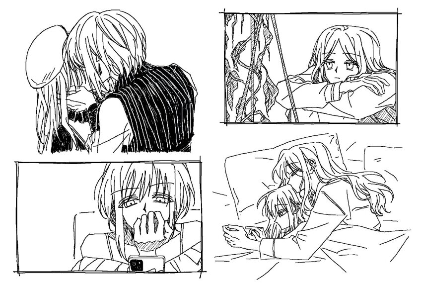 3girls, amoris_(bang_dream!), bang_dream!, bang_dream!_it's_mygo!!!!!, cellphone, closed_eyes, cuddling, earrings, greyscale, hand_on_another's_face, hat, holding, holding_phone, jewelry, kiss, long_hair, monochrome, mortis_(bang_dream!), mortis_(costume)_(bang_dream!), multiple_girls, nagasaki_soyo, nnneemmooo, off-shoulder_shirt, off_shoulder, on_bed, pajamas, phone, pillow, plant, school_uniform, shirt, short_hair, sleeping, smartphone, tsukinomori_school_uniform, under_covers, vines, wakaba_mutsumi, yuri, yuutenji_nyamu