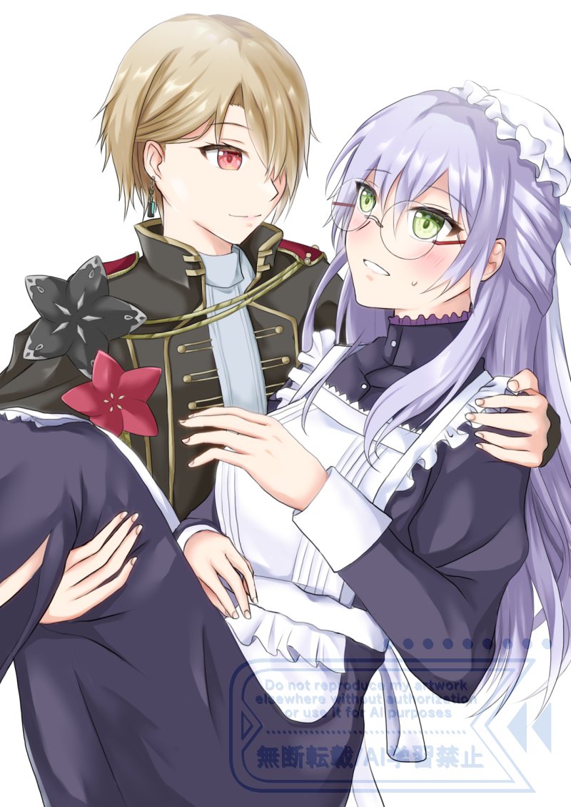 2girls, blonde_hair, carrying, glasses, green_eyes, grey_hair, hair_ornament, hair_over_one_eye, hair_over_shoulder, heaven_burns_red, iori1170, izumi_yuki, kayamori_ruka, long_hair, maid, multiple_girls, official_alternate_costume, princess_carry, red_eyes, round_eyewear, short_hair, yuri