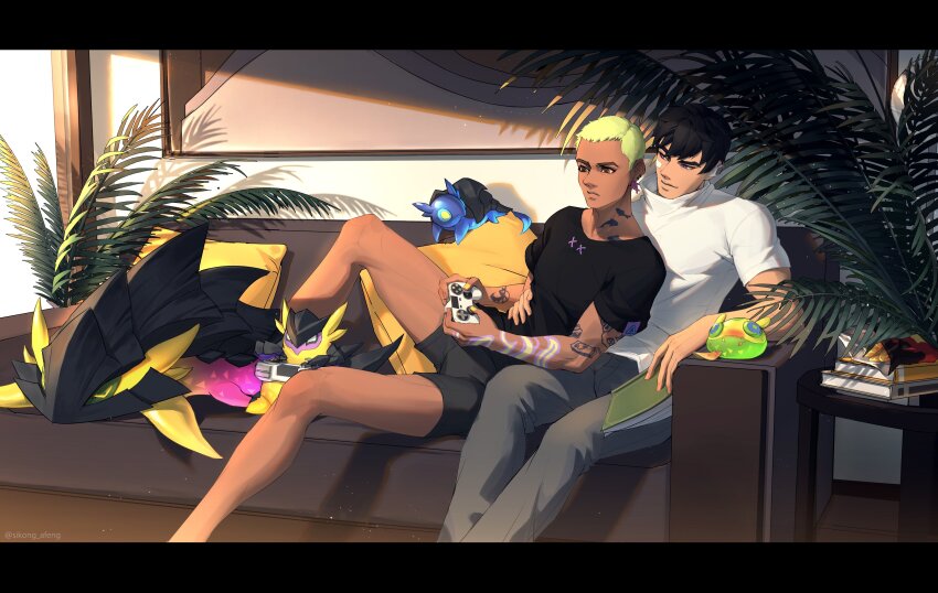 2boys, absurdres, black_hair, book, brown_eyes, chips_(food), controller, couch