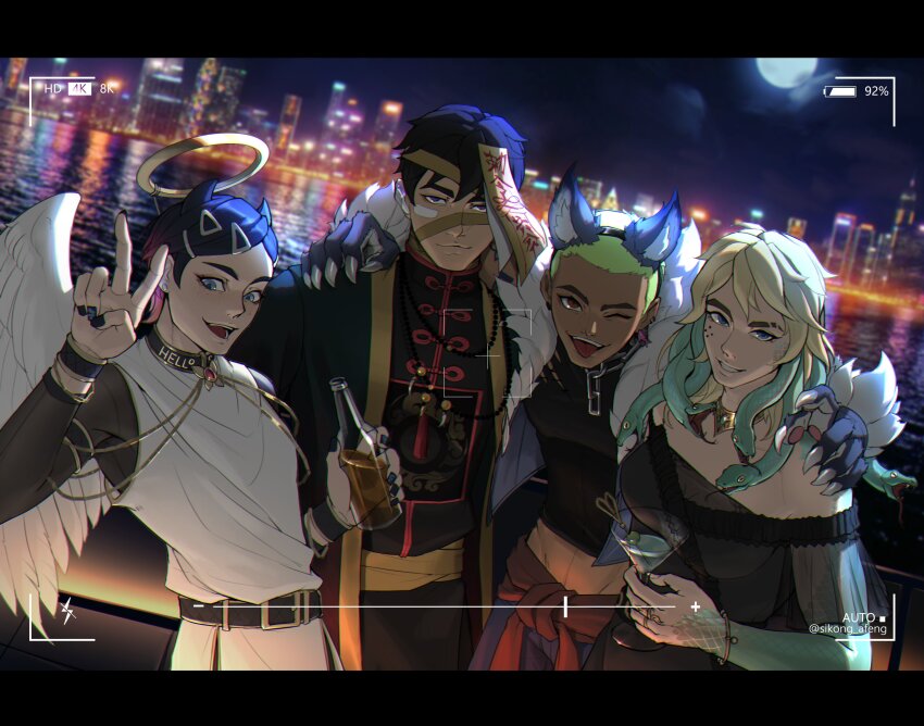 1girl, 1other, 2boys, absurdres, alternate_costume, angel_wings, animal_ears, black_hair