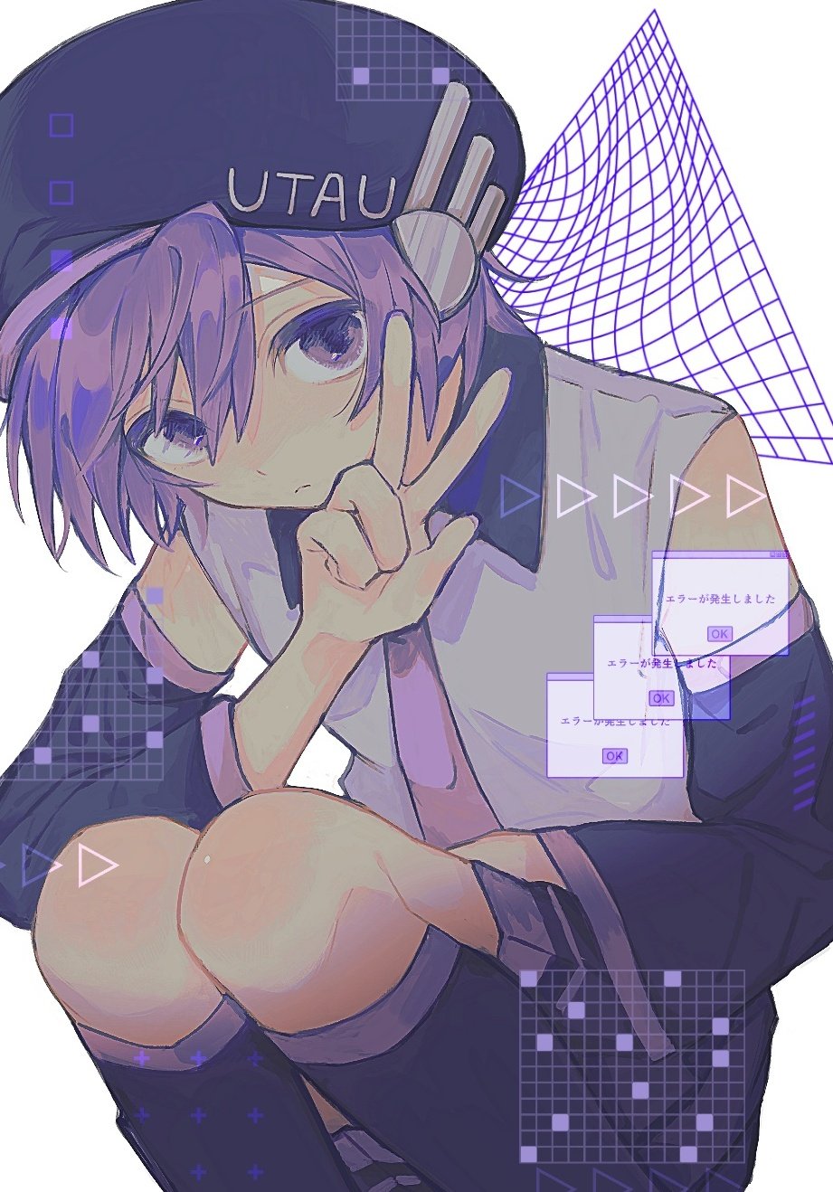 1girl, beret, black_hair, black_skirt, black_socks, closed_mouth, collared_shirt, detached_sleeves