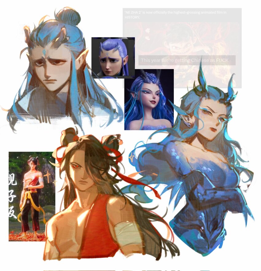 1girl, 2boys, ao_run_(nezha_zhi_motong_jiangshi), black_hair, blue_hair, blue_scales, breasts, crossed_arms