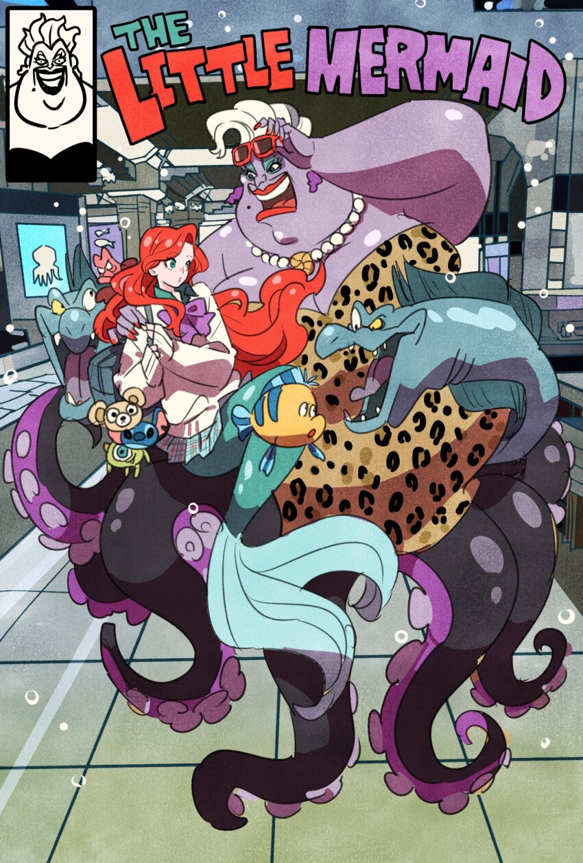 2girls, animal_print, ariel_(disney), arm_around_shoulder, bag, bow, bowtie, breasts
