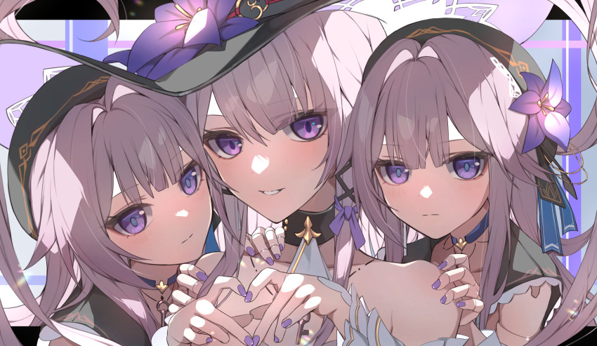 3girls, absurdres, black_hat, brown_hair, collarbone, doll_joints, flower, hair_flower