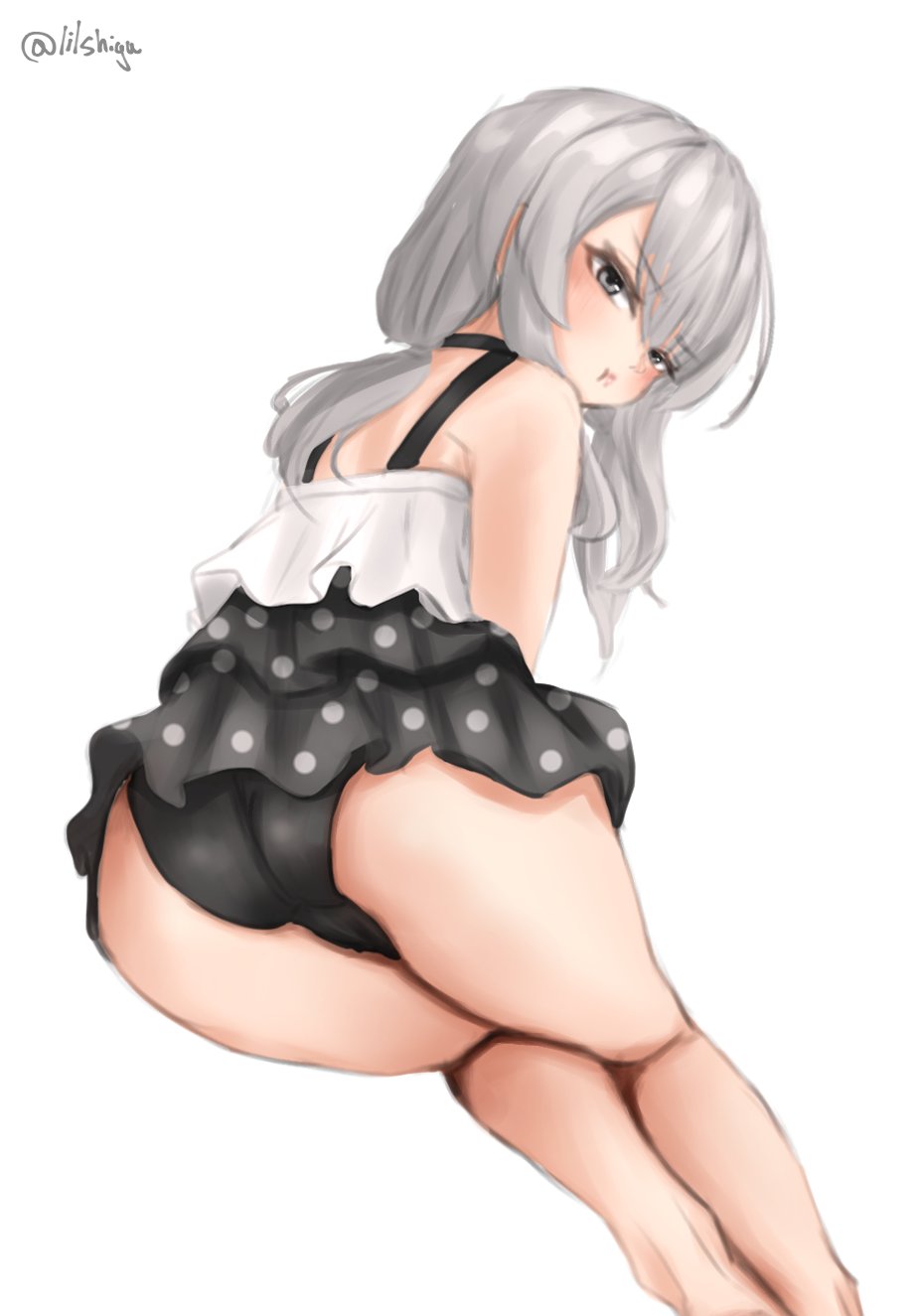 1girl, ass, dress_swimsuit, feet_out_of_frame, from_behind, grey_eyes, grey_hair, highres