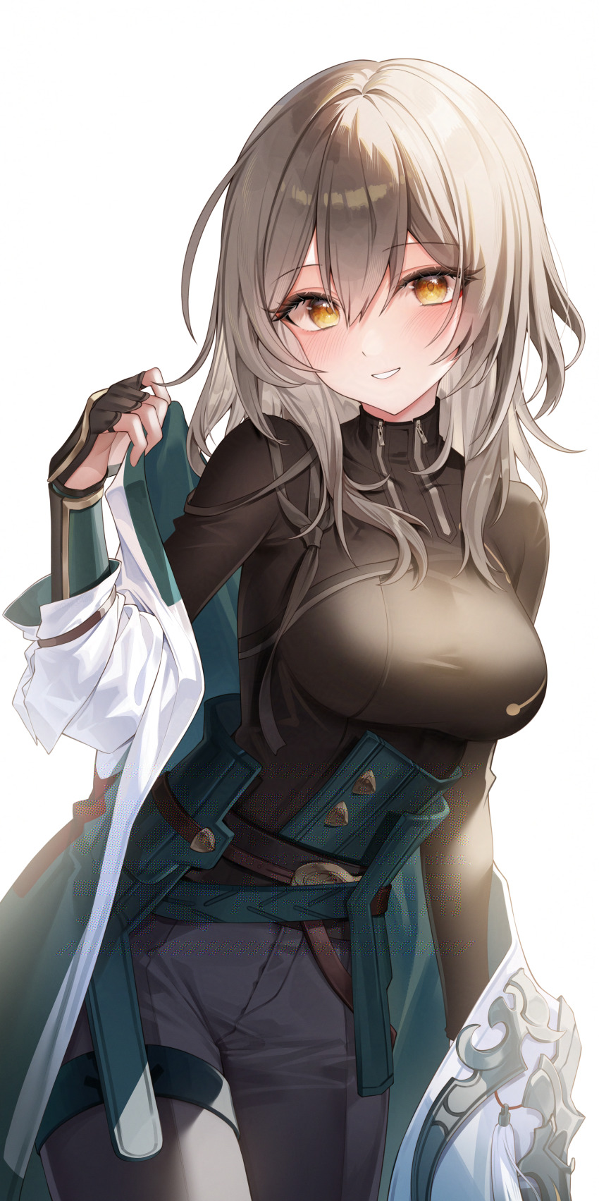 1girl, absurdres, black_pants, black_shirt, breasts, brown_hair, clenched_teeth, commentary, cosplay, cowboy_shot, daji, dan_heng_(honkai:_star_rail), dan_heng_(honkai:_star_rail)_(cosplay), green_jacket, highres, honkai:_star_rail, honkai_(series), jacket, looking_at_viewer, medium_breasts, medium_hair, multicolored_jacket, pants, shirt, simple_background, solo, stelle_(honkai:_star_rail), teeth, trailblazer_(honkai:_star_rail), two-tone_jacket, white_background, white_jacket, yellow_eyes