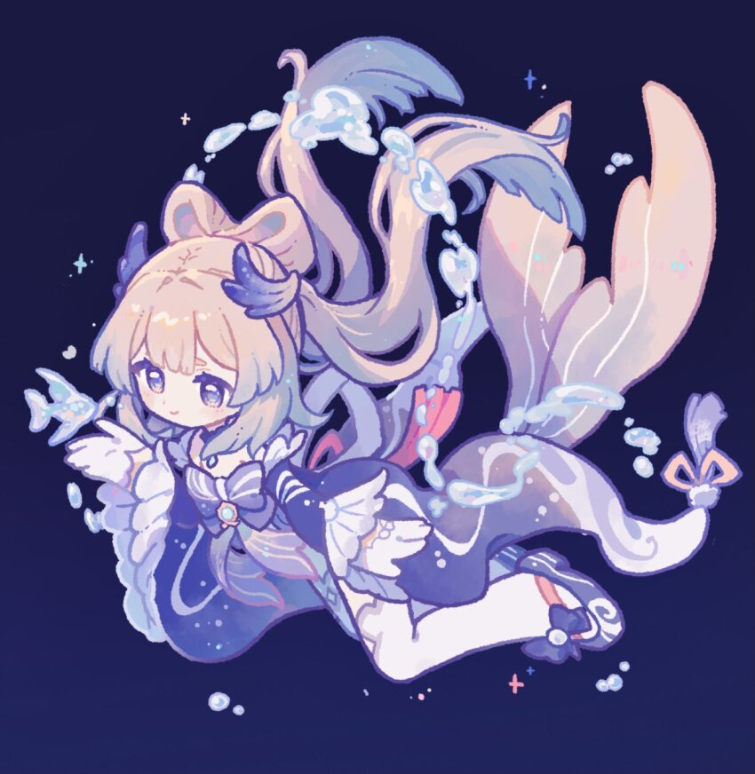 1girl, arm_at_side, back_ribbon, blue_background, blue_hair, bow, bow-shaped_hair, brooch