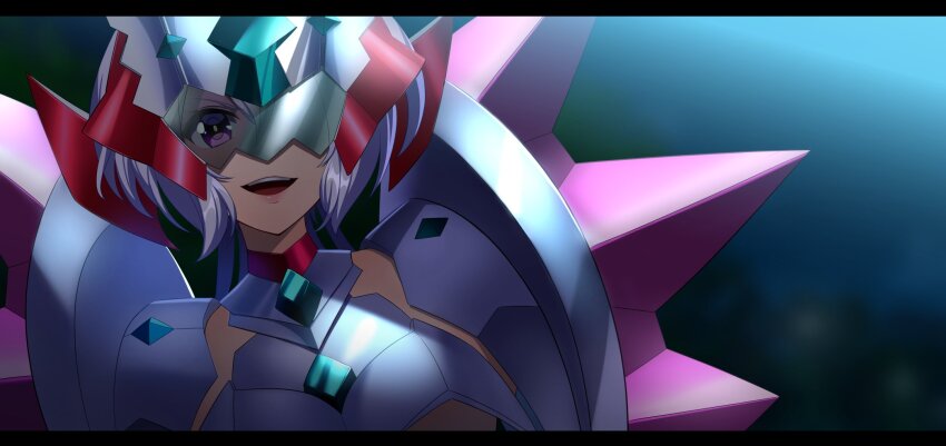 1girl, armor, assault_visor, blurry, blurry_background, glasses, grey_hair, helmet