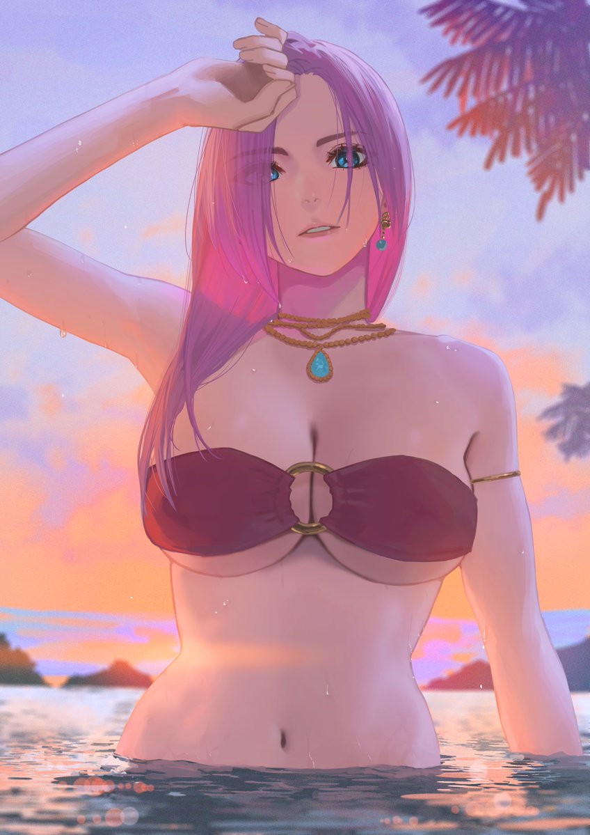 1girl, bikini, black_bikini, blue_eyes, breasts, commentary_request, dead_or_alive, dead_or_alive_xtreme