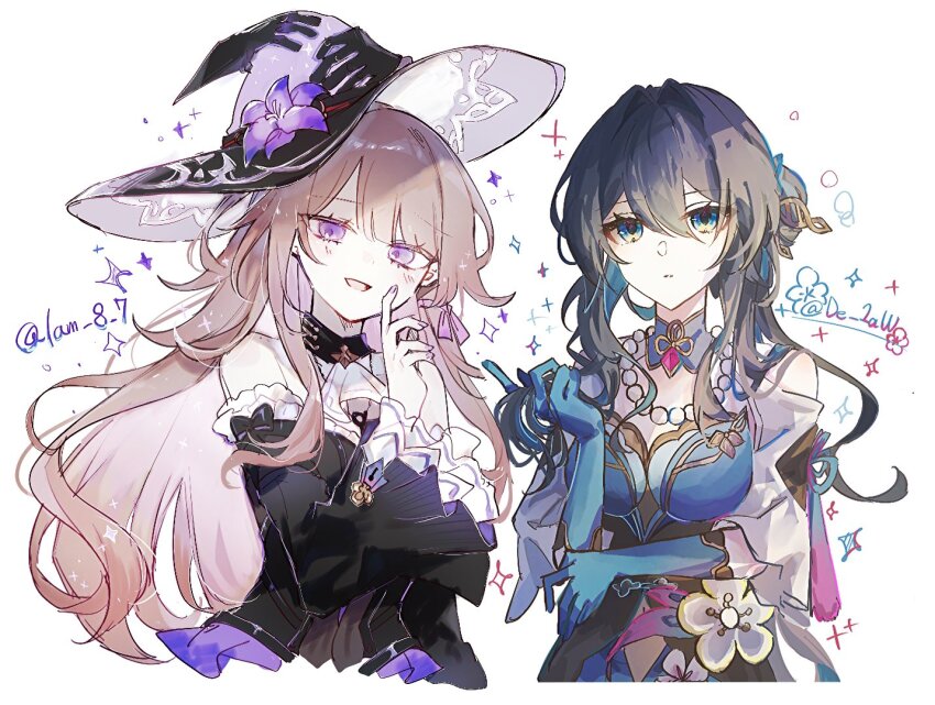 2girls, artist_collaboration, bare_shoulders, bead_necklace, beads, black_dress, black_hair, brown_hair