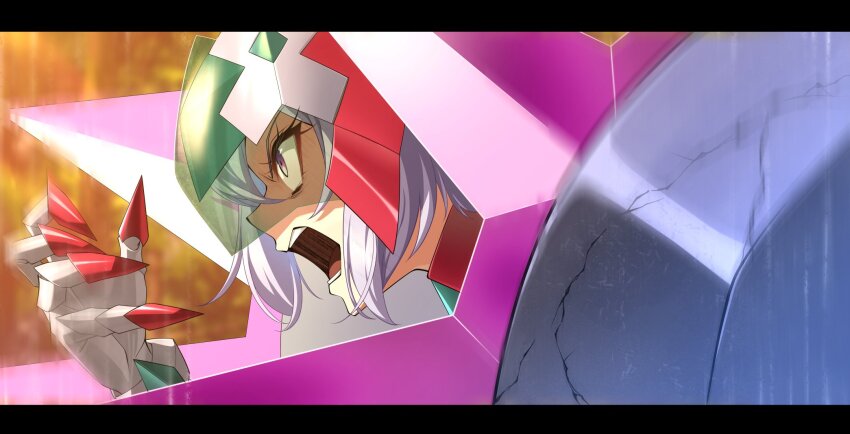 1girl, angry, armor, assault_visor, clawed_gauntlets, close-up, constricted_pupils, crack