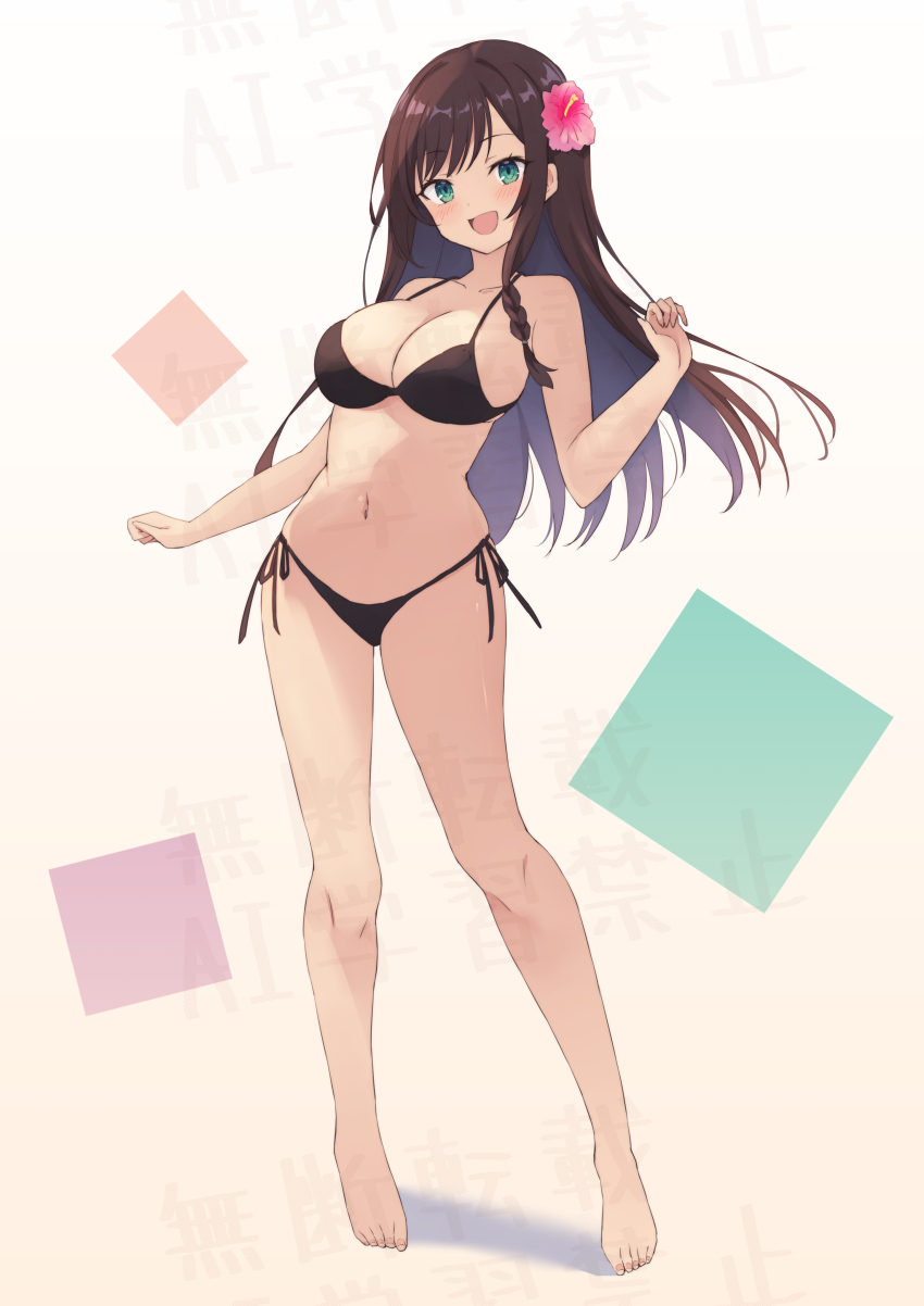 1girl, :d, absurdres, alina_clover, bare_shoulders, barefoot, bikini, black_bikini, blush, braid, breasts, brown_hair, cleavage, contrapposto, flower, full_body, green_eyes, guild_no_uketsukejou_desu_ga_zangyou_wa_iya_nanode_boss_wo_solo_toubatsu_shiyou_to_omoimasu, hair_flower, hair_ornament, hibiscus, highres, large_breasts, long_hair, looking_at_viewer, navel, open_mouth, pink_flower, ririka_(ab-yuri), side-tie_bikini_bottom, smile, solo, standing, stomach, swimsuit, watermark