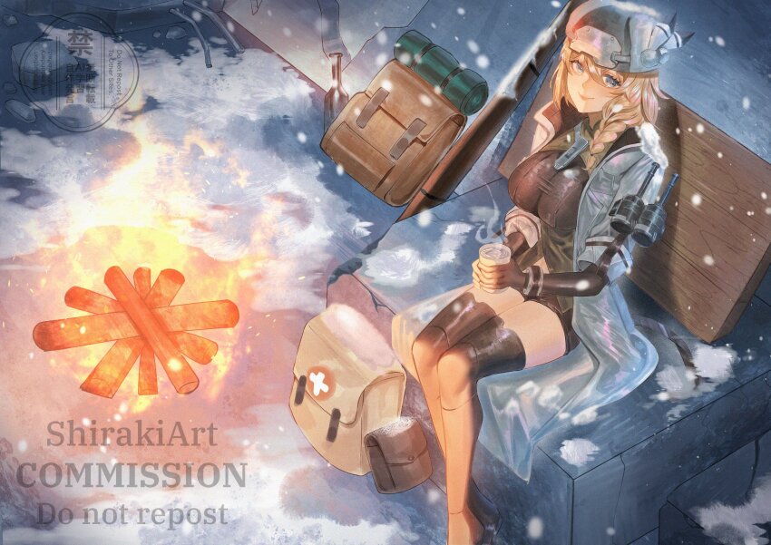 1girl, backpack, bag, blonde_hair, blue_eyes, bolt_action, cup, fire