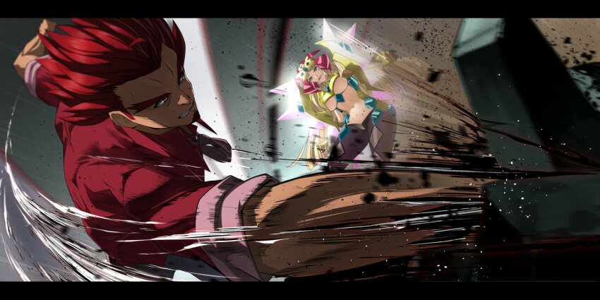 1boy, 1girl, armor, attack_trail, blonde_hair, blurry, breasts, clawed_gauntlets