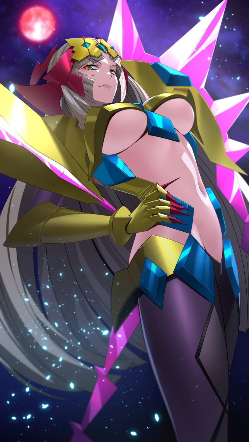 1girl, absurdres, armor, blonde_hair, breasts, clawed_gauntlets, fine_(symphogear), full_moon