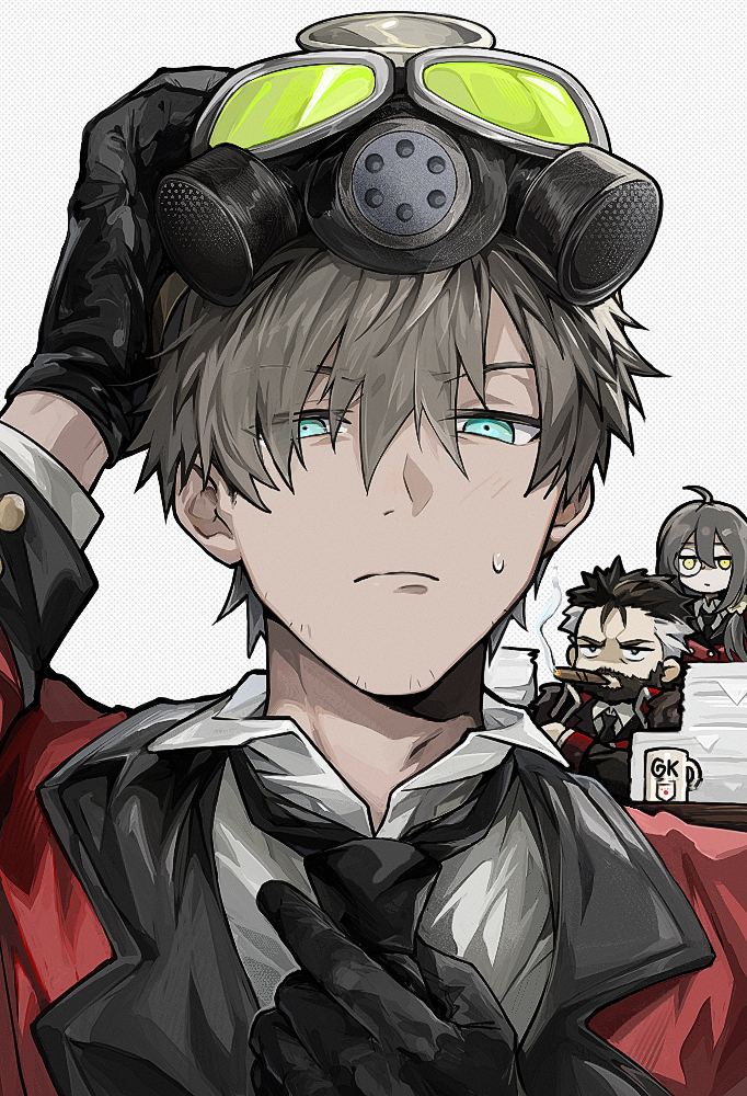 1girl, 2boys, adjusting_clothes, adjusting_necktie, aqua_eyes, beard, berezovich_kryuger_(girls'_frontline), black_gloves