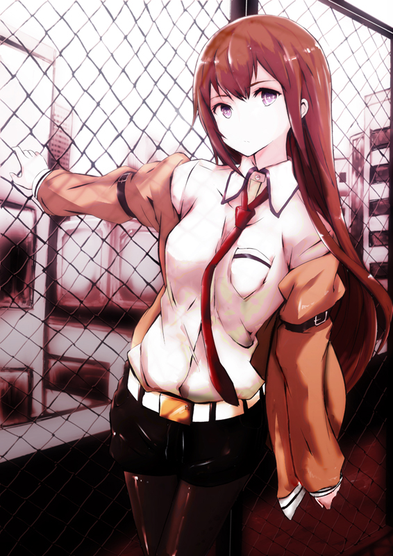 1girl, bad_id, bad_pixiv_id, belt, brown_hair, female_focus, fence, grey_eyes