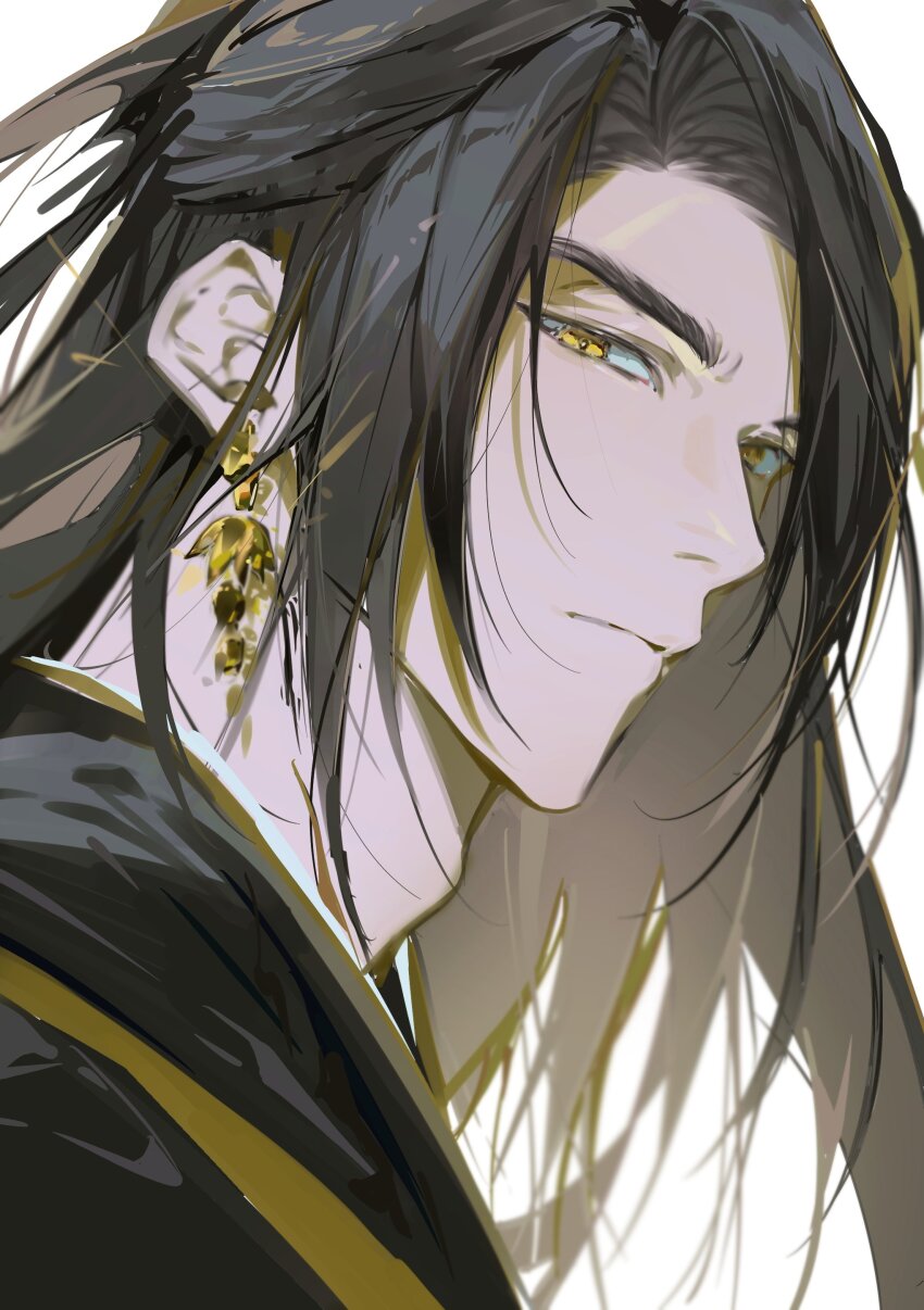 1boy, absurdres, adam's_apple, black_hair, black_hanfu, chinese_clothes, closed_mouth, earrings