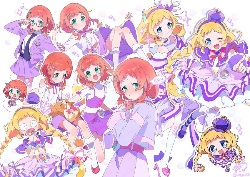 ..., 2girls, :o, absurdly_long_hair, adjusting_eyewear, bare_shoulders, belt, belt_buckle, bespectacled, black_belt, black_necktie, blazer, blonde_hair, blue_eyes, blush, boots, bow, bow_earrings, bowtie, braid, bright_pupils, buckle, capelet, chibi, closed_mouth, collared_jacket, commentary_request, cure_friendy, cure_friendy_(diamond_ribbon_style), deerstalker, dog_on_lap, dot_nose, dress, dual_persona, earrings, eyelashes, floating_hair, flustered, frilled_headwear, frilled_socks, frilled_wrist_cuffs, frills, frown, full_body, glasses, green_eyes, hair_bow, hair_ornament, hairband, hairclip, hand_on_eyewear, hand_on_own_hip, hands_on_own_chin, happy, hat, hat_loss, hat_ornament, heart, heart-shaped_buckle, heart_hair_ornament, heart_hat_ornament, high-waist_skirt, holding, holding_own_hair, inukai_iroha, inukai_komugi, inukai_komugi_(dog), jacket, jewelry, kneehighs, knees, knees_up, lapel_pin, lapels, layered_sleeves, long_hair, long_sleeves, low_twin_braids, lying, magical_girl, midriff, mini_hat, miniskirt, multiple_girls, multiple_persona, multiple_views, nail_ornament, necktie, notched_lapels, on_back, one_eye_closed, open_clothes, open_jacket, open_mouth, orange_hair, parted_lips, petticoat, pink_belt, pink_bow, pink_bowtie, pleated_skirt, pointing, pointing_at_viewer, precure, purple_bow, purple_capelet, purple_dress, purple_hairband, purple_hat, purple_jacket, purple_nails, purple_shoes, purple_skirt, purple_vest, purple_wrist_cuffs, serizawa_serizane, shirt, shoes, short_dress, short_hair_with_long_locks, signature, single_stripe, skirt, skirt_set, smile, socks, sparkle, spoken_ellipsis, striped_bow, striped_bowtie, striped_clothes, suspender_skirt, suspenders, tareme, thigh_boots, thighhighs, turtleneck, turtleneck_shirt, twin_braids, twitter_username, very_long_hair, vest, white_background, white_bow, white_pupils, white_shirt, white_socks, white_thighhighs, wide-eyed, wing_hair_ornament, winged_hat, wonderful_precure!, wrist_cuffs