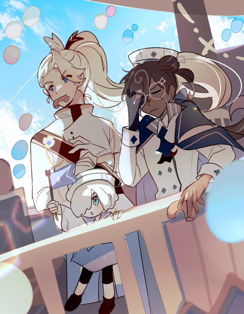 3boys, alternate_costume, black_gloves, blonde_hair, blue_eyes, collared_cape, cookie_run, cookie_run:_kingdom