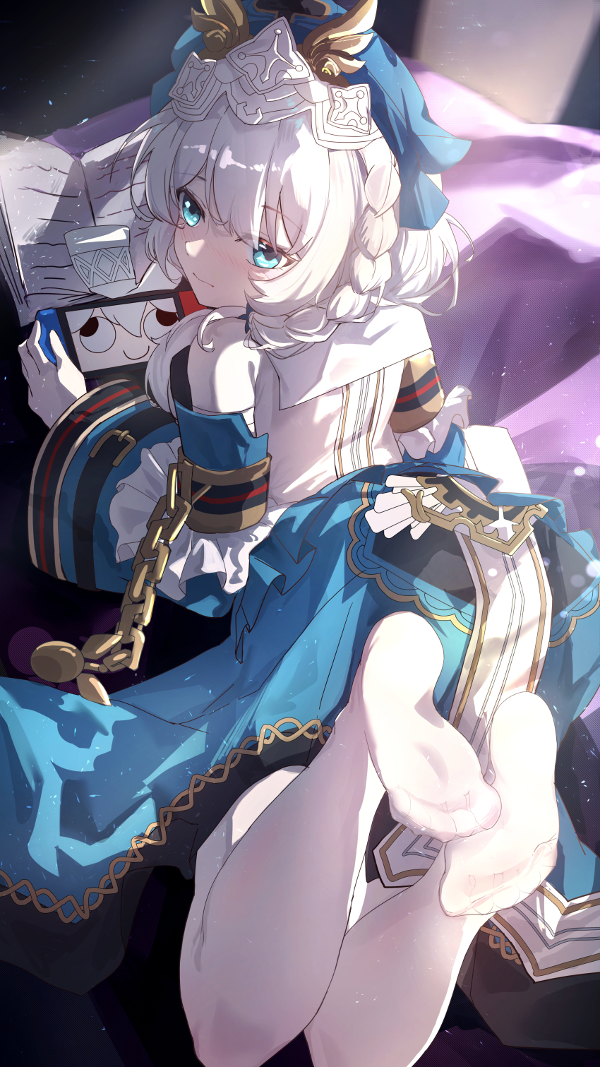 1girl, absurdres, bodystocking, braid, closed_mouth, controller, detached_sleeves, dress