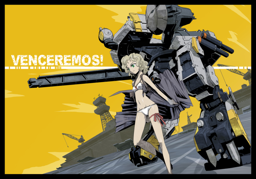 1girl, bikini, blonde_hair, blue_eyes, border, bra, breasts, cannon, english_text, leg_ribbon, magnetic_weapon, mecha, metal_gear_(series), metal_gear_solid:_peace_walker, metal_gear_zeke, non-humanoid_robot, paz_ortega_andrade, railgun, ribbon, robot, short_hair, small_breasts, solo_focus, spanish_text, spoilers, swimsuit, thigh_ribbon, underwear, walker_(robot), wavy_hair, weapon, white_bikini, yabe_makoto