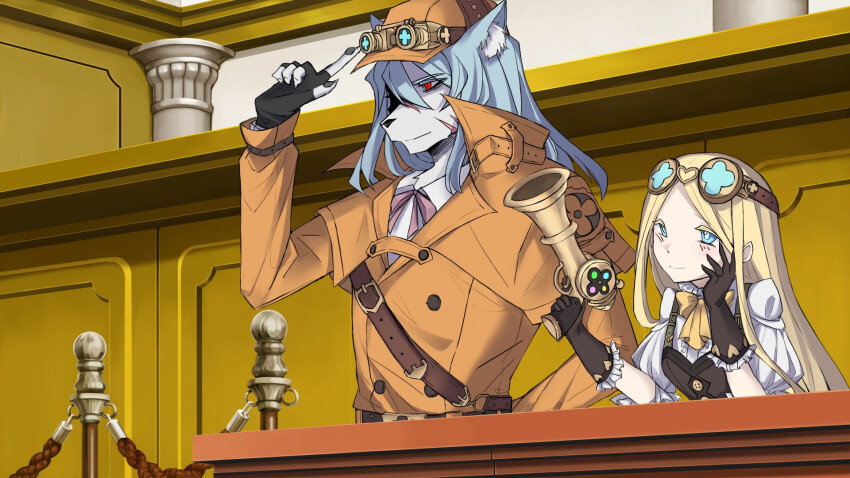 1boy, 1girl, ace_attorney, animal_ears, belt, black_gloves, black_souls, black_souls_2, blonde_hair, blue_eyes, blue_hair, blush, bow, brown_belt, brown_gloves, closed_mouth, coat, collared_shirt, cosplay, dress, edith_(black_souls), fingerless_gloves, frills, gloves, goggles, goggles_on_head, goggles_on_headwear, gun, hand_on_own_face, hand_on_own_hip, hand_up, hat, herlock_sholmes, herlock_sholmes_(cosplay), highres, holding, holding_gun, holding_weapon, iris_wilson, iris_wilson_(cosplay), jack_(black_souls), mu_blood, orange_coat, orange_hat, pink_bow, puffy_short_sleeves, puffy_sleeves, shirt, short_sleeves, smile, the_great_ace_attorney, weapon, white_shirt, yellow_bow