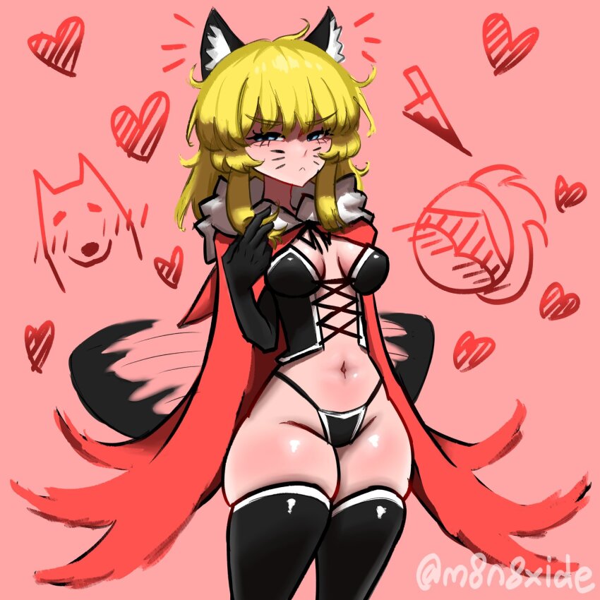 1boy, 1girl, animal, animal_ears, bikini, black_bikini, black_gloves, black_ribbon, black_souls, black_souls_2, black_thighhighs, blonde_hair, blue_eyes, blush, breasts, cape, embarrassed, facial_mark, fur_trim, gloves, grimm_(black_souls), heart, highres, hood, hooded_cape, knife, looking_at_viewer, m8n8xide, pink_background, poro_(black_souls), red_cape, red_hood_(black_souls), revealing_clothes, ribbon, sidelocks, signature, small_breasts, swimsuit, tail, tail_wagging, thighhighs, v-shaped_eyebrows, whisker_markings, wolf_ears, wolf_tail