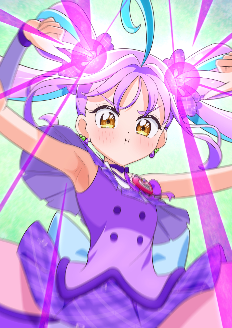 armpits, blue_streaks, bow, bow_choker, brooch, choker, commentary_request, cure_kyunkyun, dress, earrings, hair_bun, headset, heart, heart_brooch, heart_hair_bun, highres, idol_heart_brooch_(precure), jewelry, kimi_to_idol_precure, kyunkyun_laser, laser, magical_girl, off_shoulder, plaid_bow, plaid_clothes, plaid_dress, plaid_sleeves, pout, precure, purple_bow, purple_choker, purple_wrist_cuffs, shigure_kokoro, shirt, single-shoulder_shirt, single_bare_shoulder, sleeveless, teardrop_earrings, tiler_(tiler00), wrist_cuffs