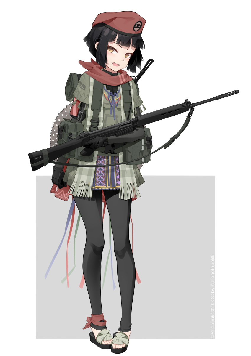 1girl, absurdres, ammunition_pouch, artist_name, backpack, bag, battle_rifle, beret
