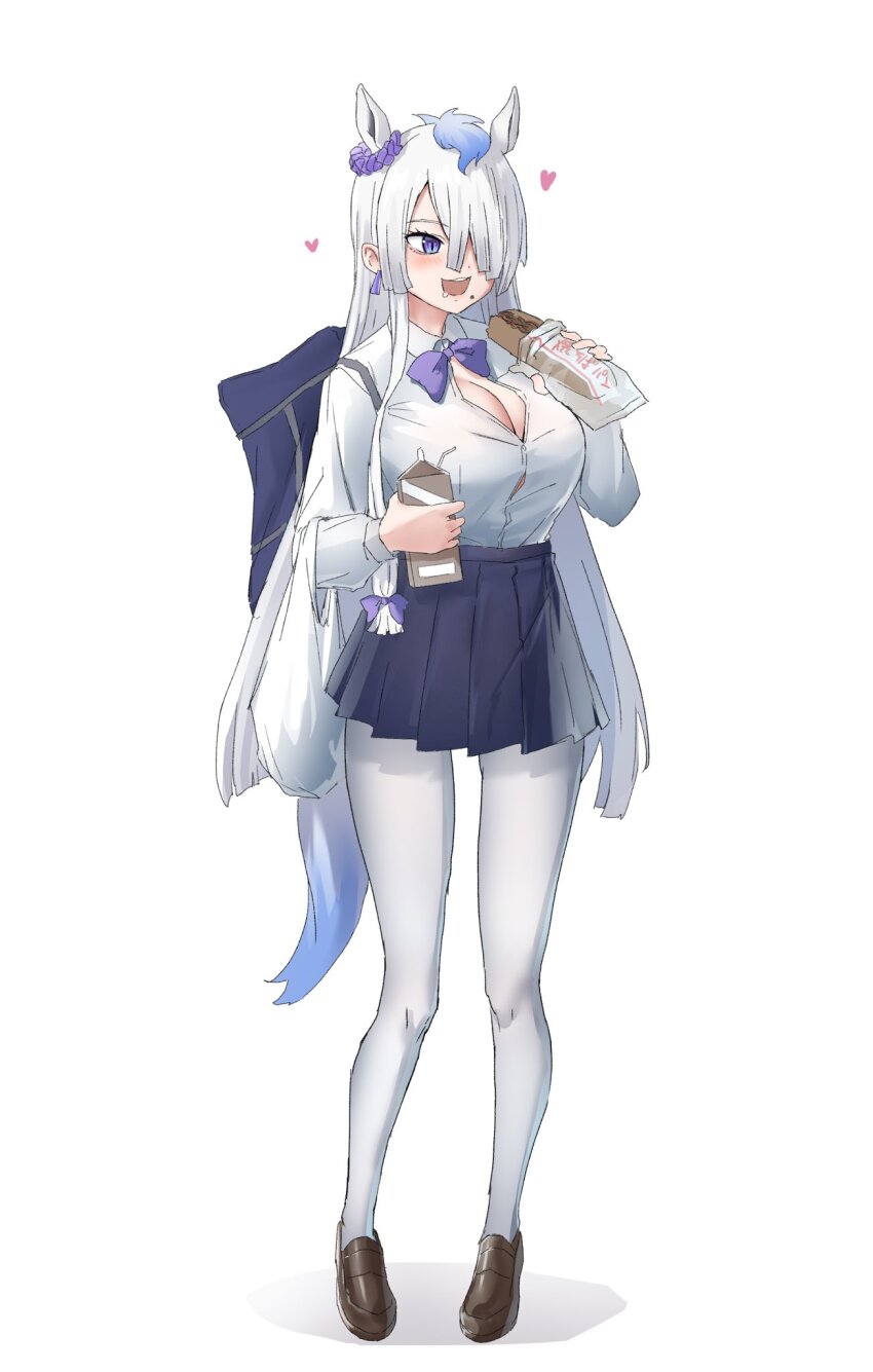 1girl, alternate_costume, animal_ears, bag, blue_eyes, blue_hair, blue_skirt, blush