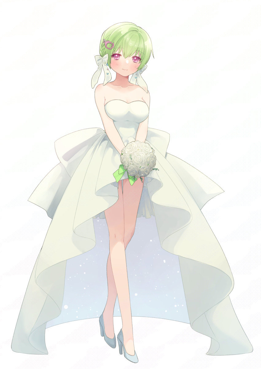 1girl, alternate_costume, bare_legs, bare_shoulders, blush, bouquet, bow, breasts