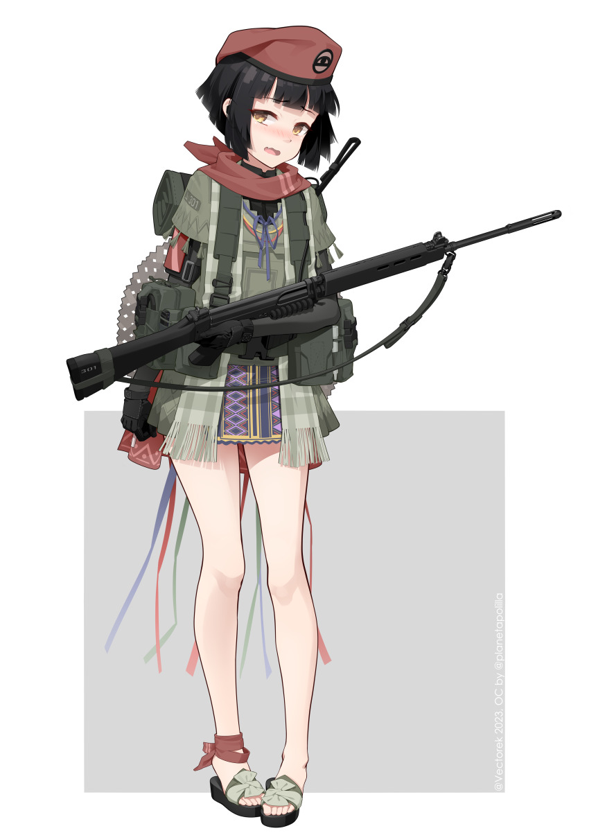 1girl, absurdres, ammunition_pouch, artist_name, backpack, bag, battle_rifle, beret