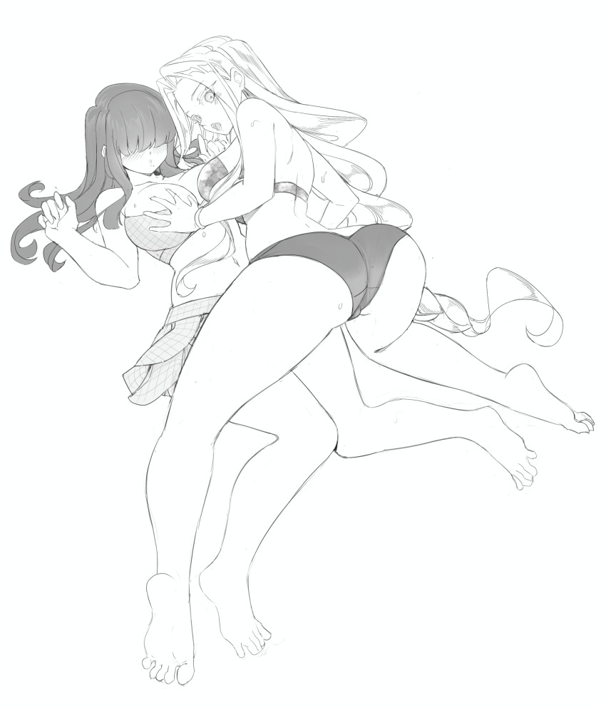 2girls, absurdres, ass, bikini, breasts, full_body, girl_on_top, greyscale