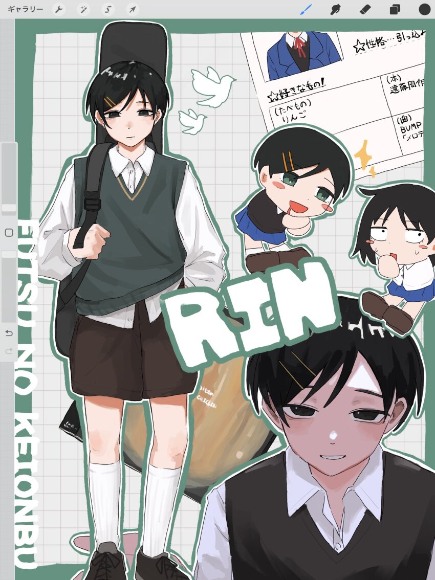 2girls, :|, art_program_in_frame, bird, black_eyes, black_shoes, black_sweater_vest, blue_skirt