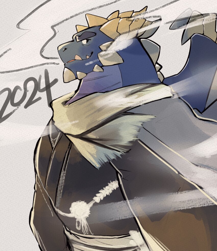1boy, absurdres, bara, black_kimono, bubba_(spyro), commentary_request, dated, dragon_boy, dragon_horns, dragon_wings, fangs, furry, furry_male, gintyatyatyatya, highres, horns, japanese_clothes, kimono, looking_at_viewer, open_mouth, scarf, spyro_(series), steam, wings
