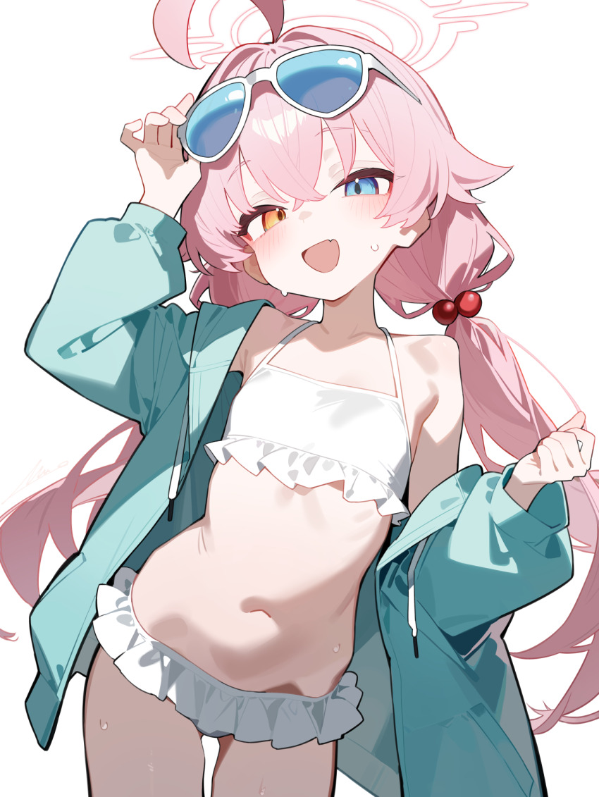 1girl, :d, ahoge, bikini, blue_archive, blue_eyes, eyewear_on_head, flat_chest