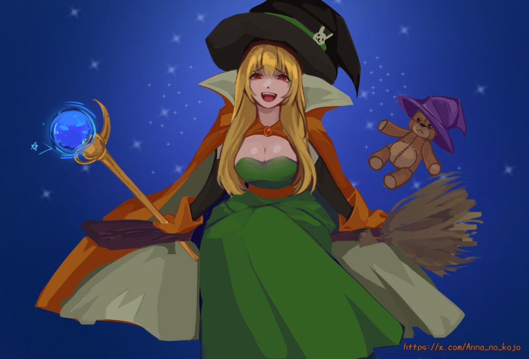 1girl, anna_no_kojo, black_alice_(mon-musu_quest!), blonde_hair, blue_background, breasts, broom, broom_riding