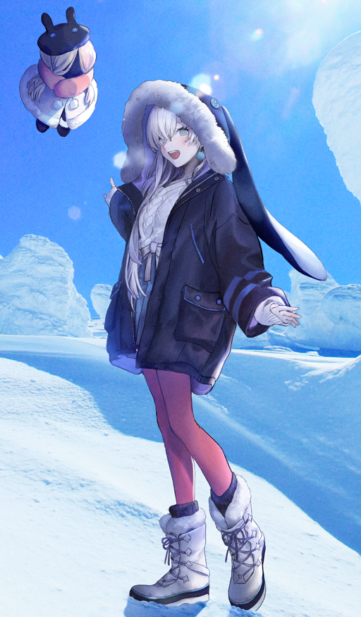 1girl, anastasia_(fate), anastasia_(under_the_same_sky)_(fate), animal_hat, black_coat, black_hood, blue_eyes, blue_sky