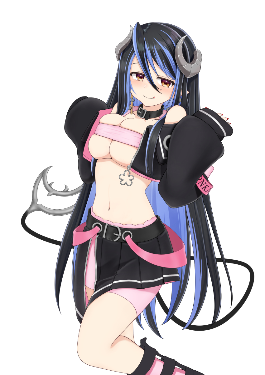 1girl, :q, absurdres, bandeau, black_hair, black_jacket, black_skirt, bloomers