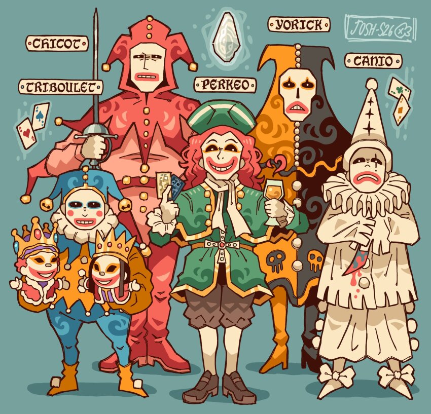 ace_(playing_card), artist_name, balatro, bell, blood, bloody_weapon, blue_background, blue_eyeliner, bow, brown_shoes, canio_(balatro), card, chicot_(balatro), colored_skin, commentary, crystal, cup, death_(tarot), drink, drinking_glass, english_commentary, eyeliner, hat, high_heels, highres, holding, holding_card, holding_knife, holding_sword, holding_weapon, jester_cap, jingle_bell, josh-s26, knife, long_hair, looking_at_viewer, makeup, perkeo_(balatro), playing_card, rapier, red_hair, shoes, signature, simple_background, skull_print, sword, tarot, triboulet_(balatro), weapon, white_bow, white_skin, wine_glass, yellow_eyeliner, yorick_(balatro)