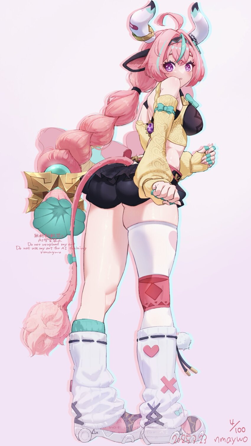 1girl, absurdres, ahoge, animal_ears, aqua_hair, ass, bare_shoulders, black_shorts