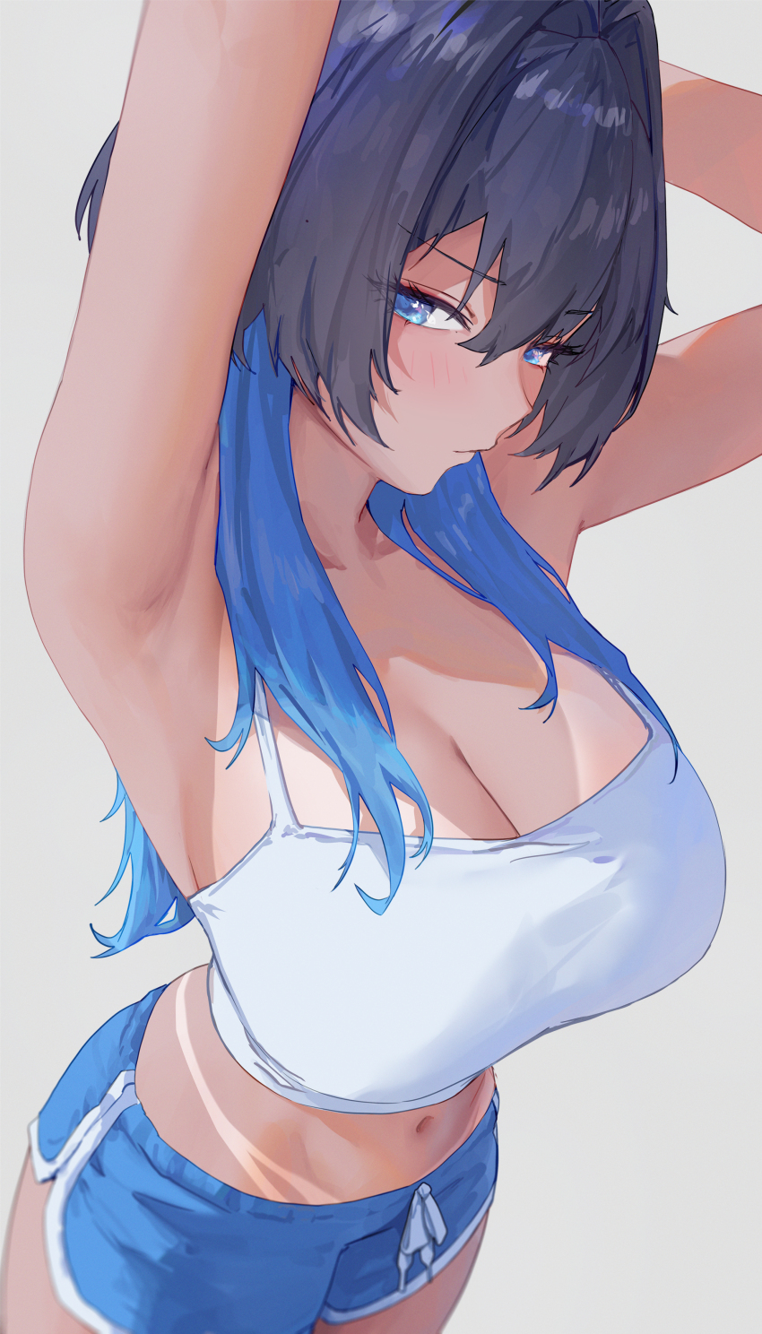 1girl, absurdres, armpits, arms_up, black_hair, blue_eyes, blue_hair, blue_shorts