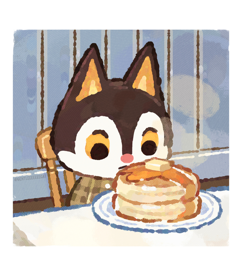 1boy, animal_crossing, butter, chair, food, gentlecat, highres, indoors