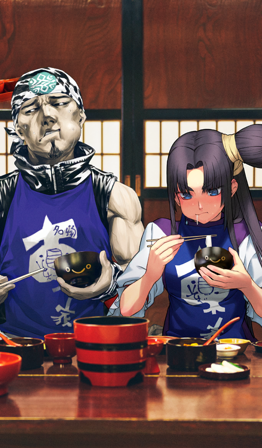 1boy, 1girl, apron, artist_collaboration, black_facial_hair, black_hair, black_jacket, black_sclera