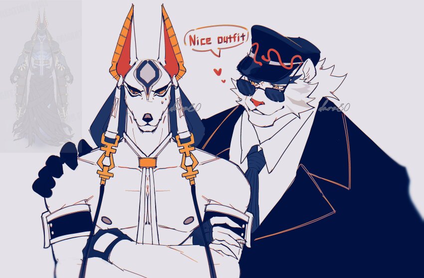 2boys, absurdres, animal_ears, artist_name, bara, black_coat, black_hat, coat